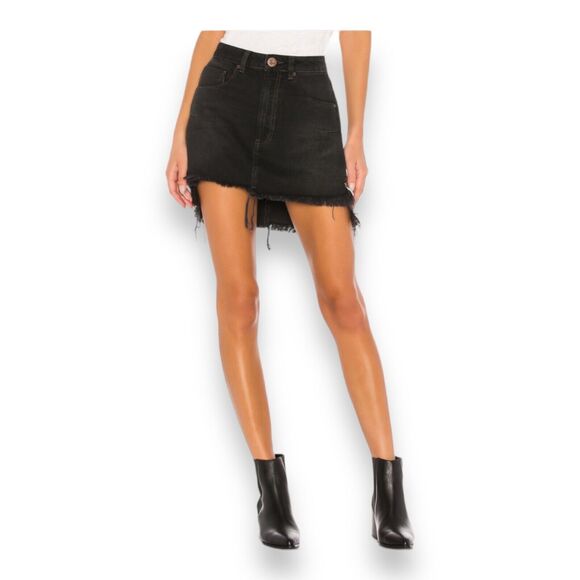 One x One Teaspoon Vanguard Raw Hem Distressed Denim Skirt In Raven Women's 30 - Picture 2 of 11